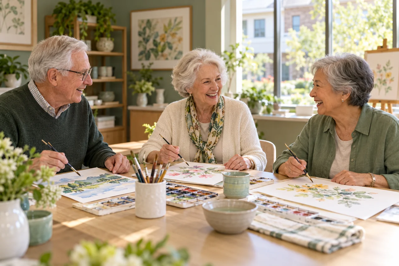Older adults enjoying an art workshop together