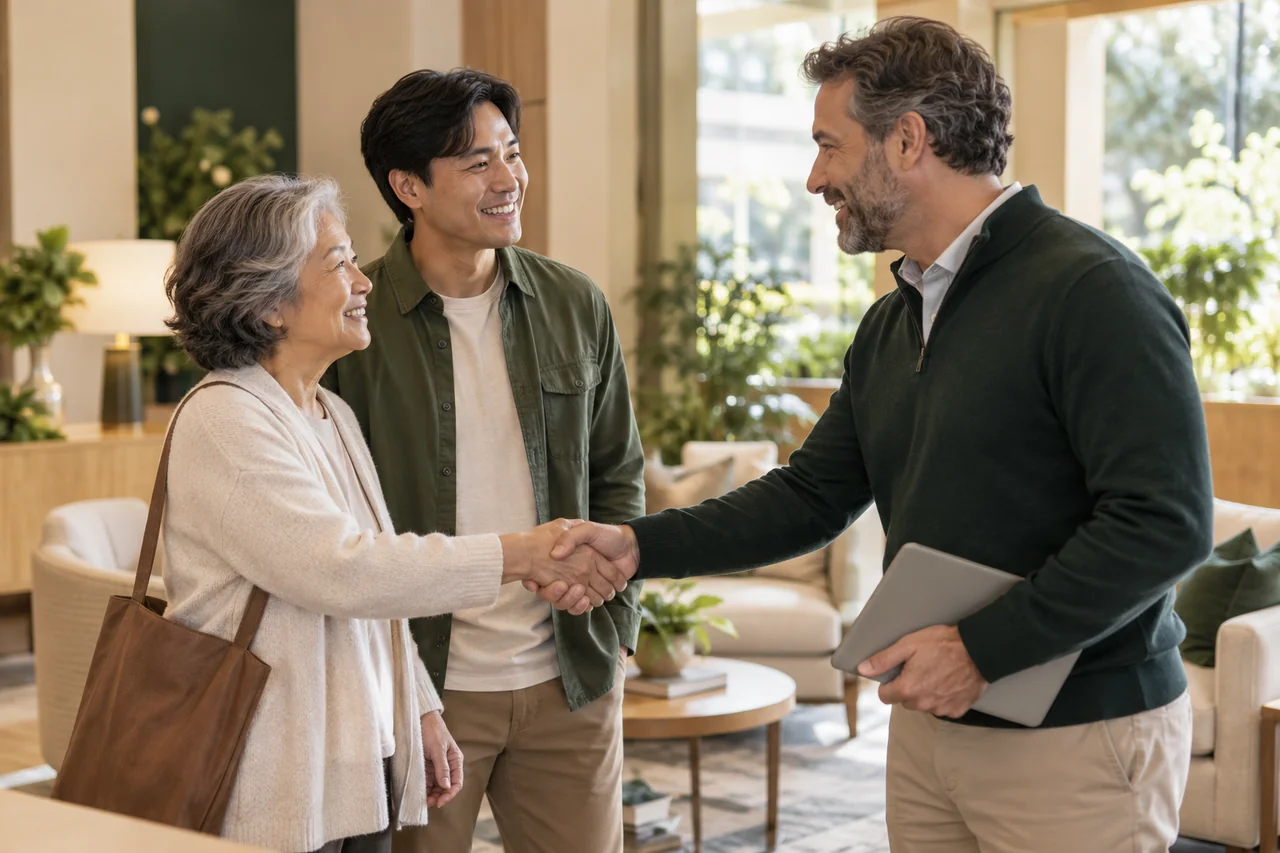 An older woman and her son greet a community host beside a reception seating area, warm eye-level composition
