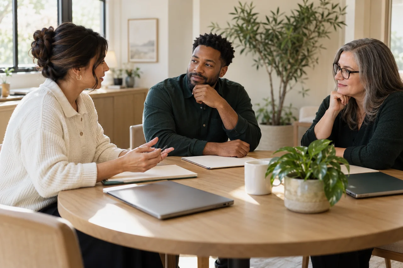 Three community staff members plan the coming week around a small meeting table with closed laptops and plain folders