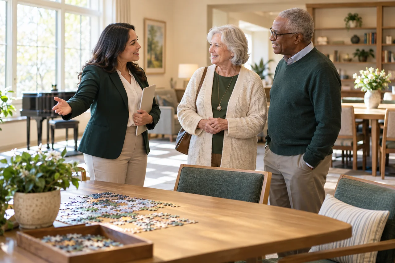 A staff member explains a community activity space to an older couple with a small plain tour folder