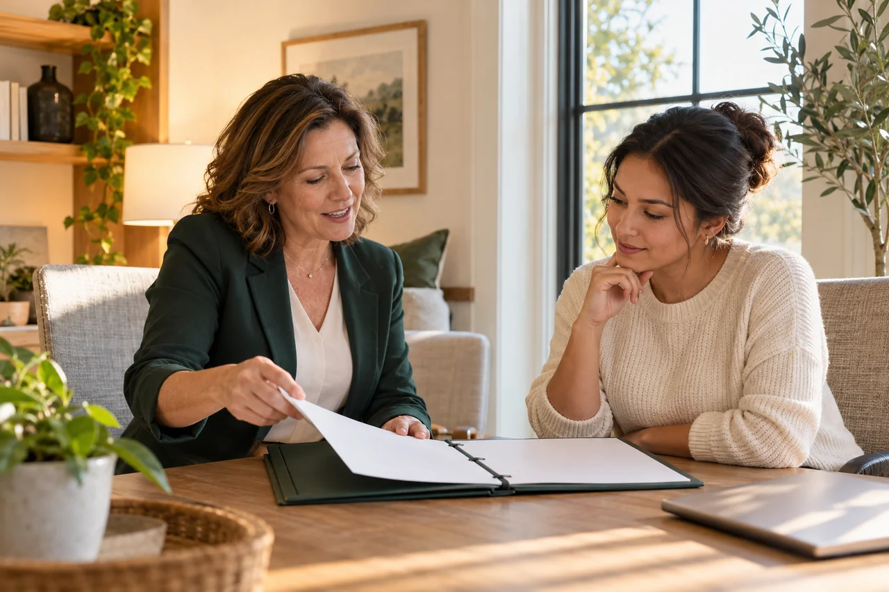 An admissions lead coaches a newer colleague using a blank tour folder beside a tall window