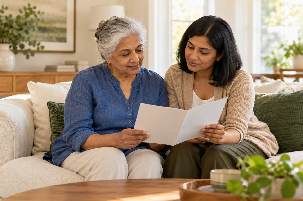 An older woman and her adult daughter sit together in a bright home living room looking at a plain community brochure