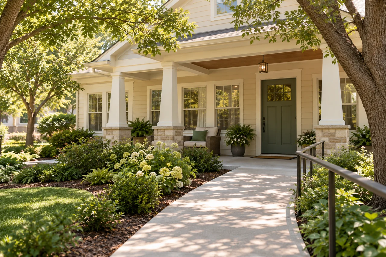A small residential senior living home with cream siding, a shaded front porch, mature trees and a neat accessible path