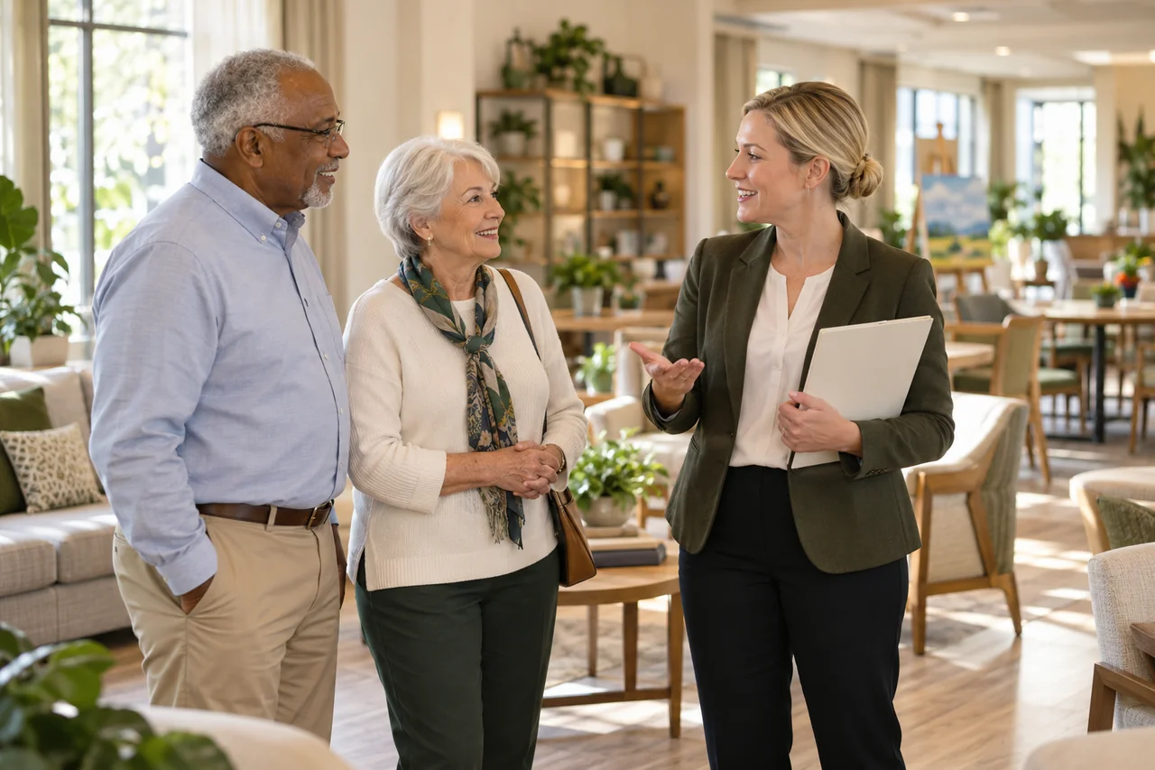 A staff member explains a community activity space to an older couple with a small plain tour folder