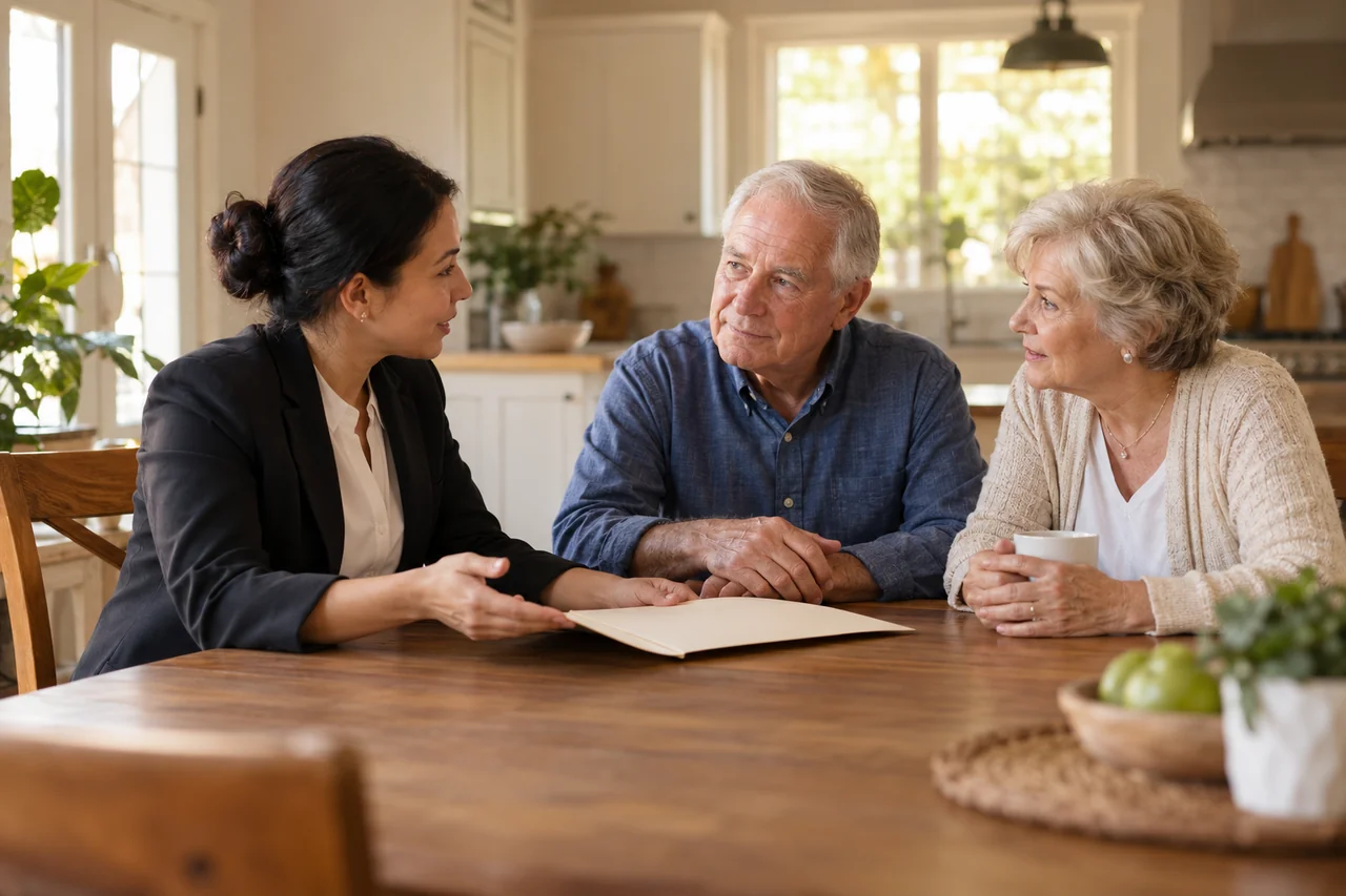 A home care coordinator talks with an older man and his spouse at their kitchen table, a plain folder between them