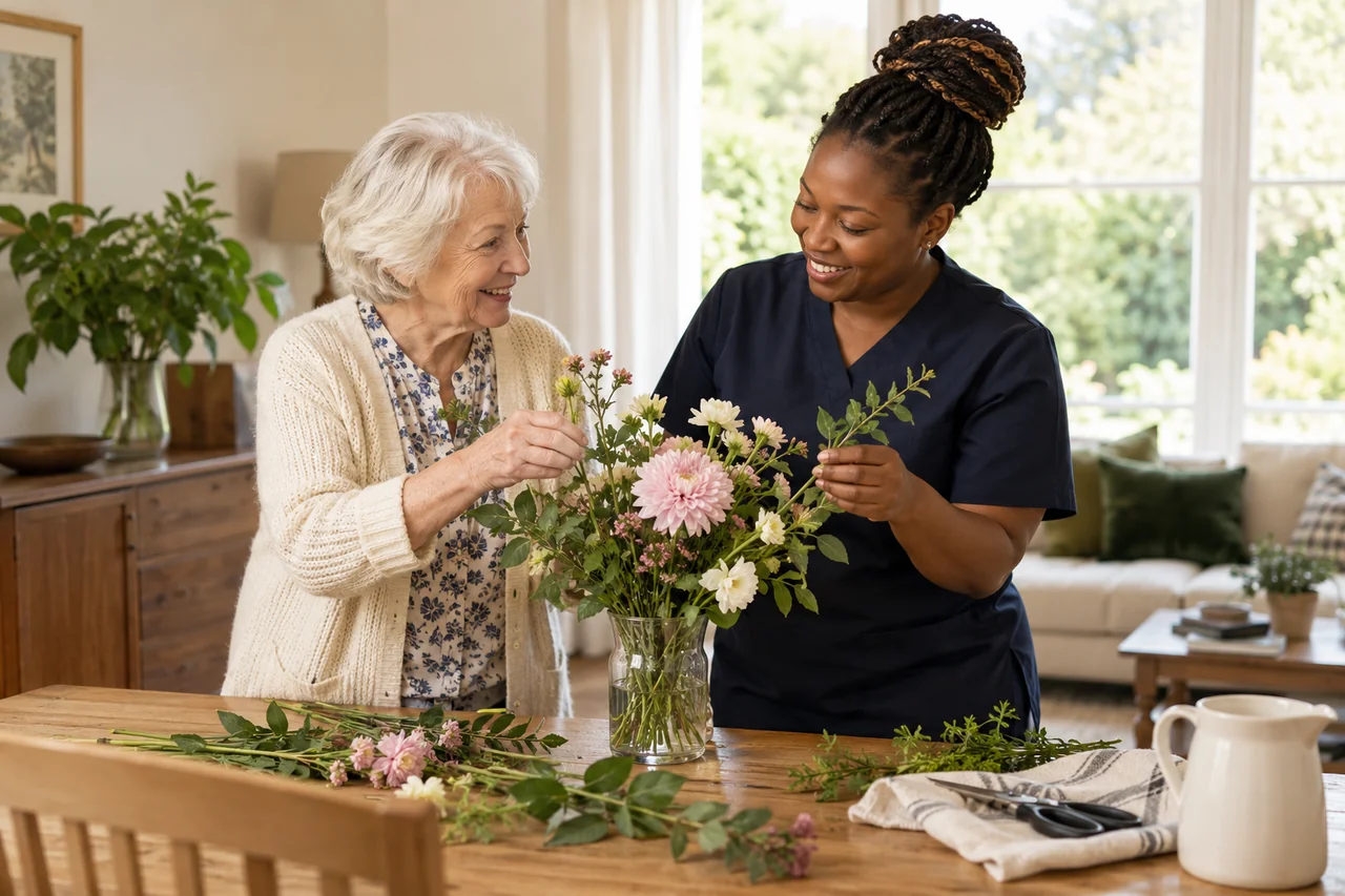An older woman and a home care worker share a relaxed conversation while arranging flowers at home