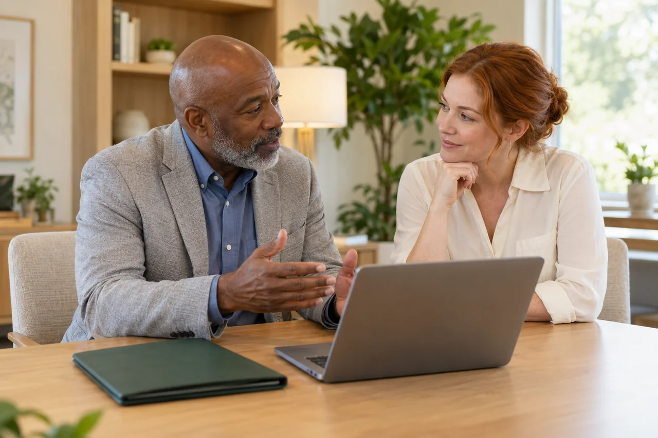 An experienced community director coaches a colleague beside a laptop and a closed welcome folder