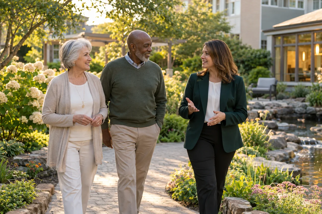 An older man and woman walk with a host through a landscaped life plan campus garden, relaxed unhurried pace