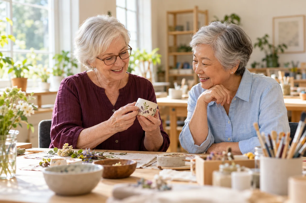 An older woman shows a friend a small craft project in a bright community activity studio