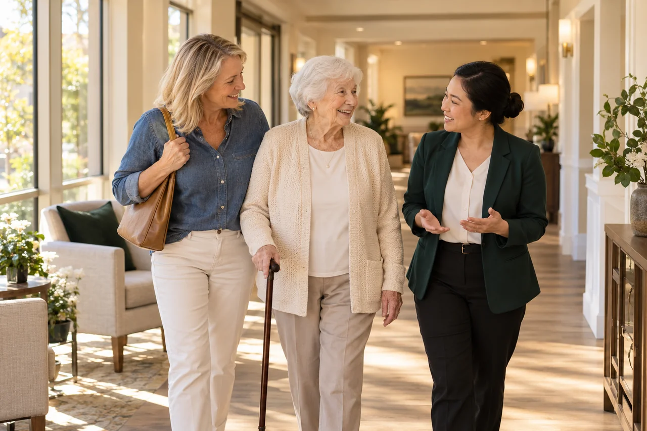 An older woman with a cane walks comfortably beside her daughter and a community guide through a wide light-filled hallway