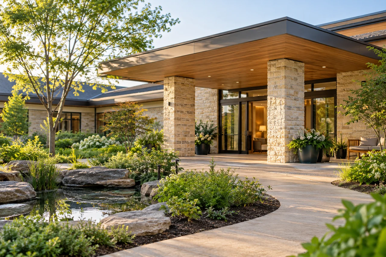 A low-rise community building with natural stone and cedar details, a wide entrance canopy and a peaceful garden