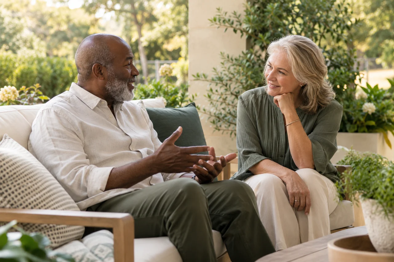 An older couple talks on a shaded patio with comfortable linen cushions and mature greenery