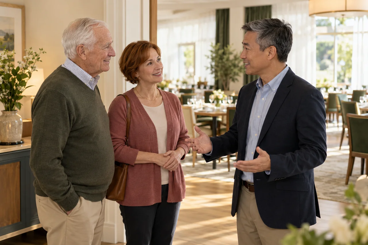 An older man and his adult daughter stop with a staff member outside a sunlit dining room, friendly discussion before a visit