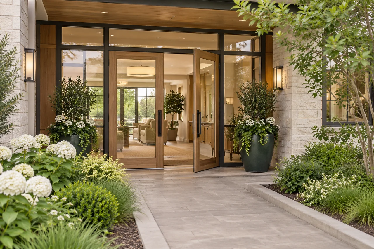 A modern senior living entrance with oak-framed glass doors and a wide paved path through low planting beds