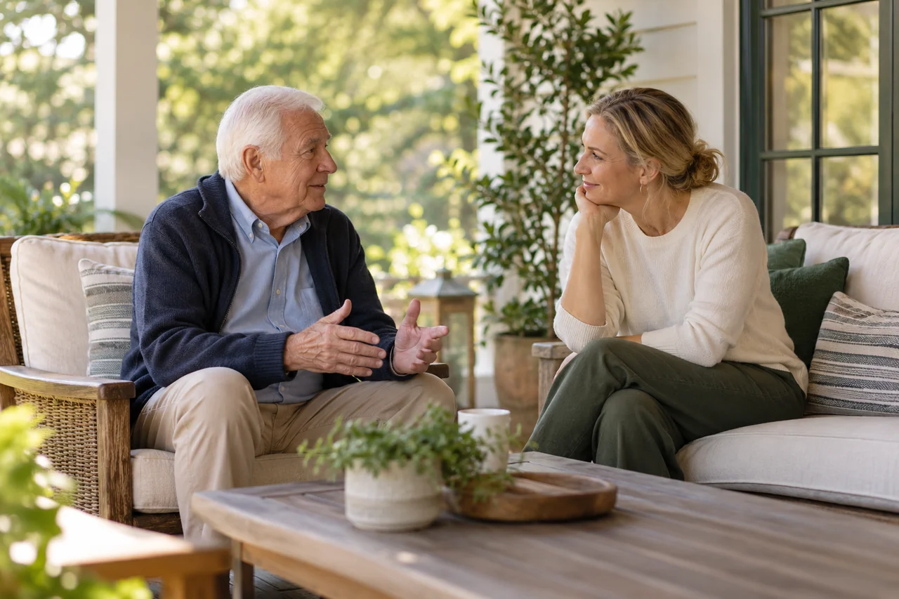 An older man and his daughter share a thoughtful conversation on a covered porch with soft morning light