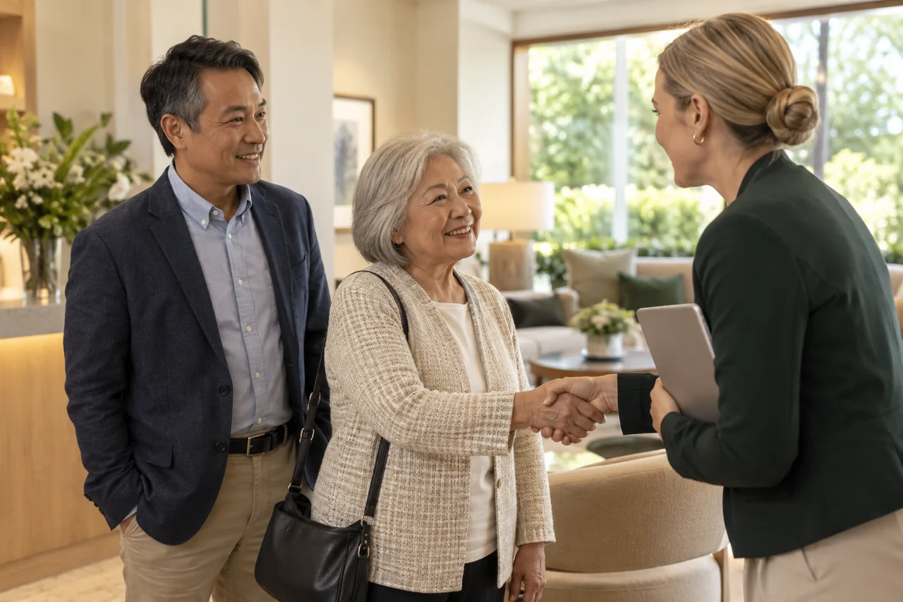 An older woman and her son greet a community host beside a reception seating area, warm eye-level composition