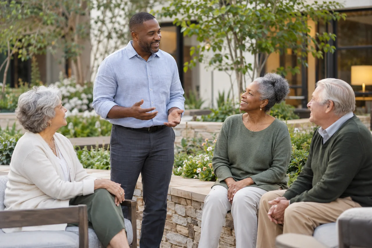 A staff member hosts a small outdoor conversation with older residents beside a low stone planter
