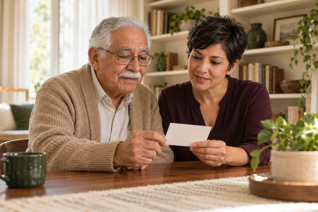 A close editorial view of an older parent and adult child reviewing a simple blank appointment card together, faces visible in the upper frame