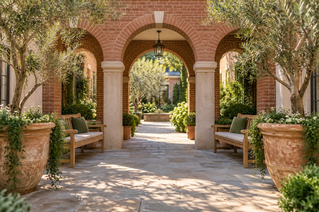 A senior living courtyard entrance with red brick arches, benches and large potted trees in soft afternoon light