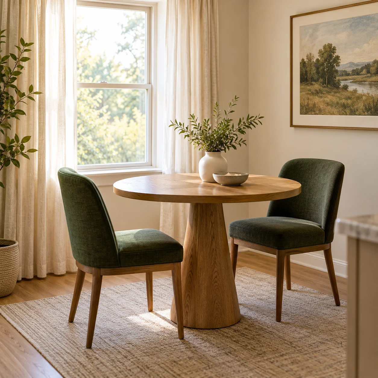 A vacant senior apartment dining nook with a two-person round oak table, soft curtains and a landscape print