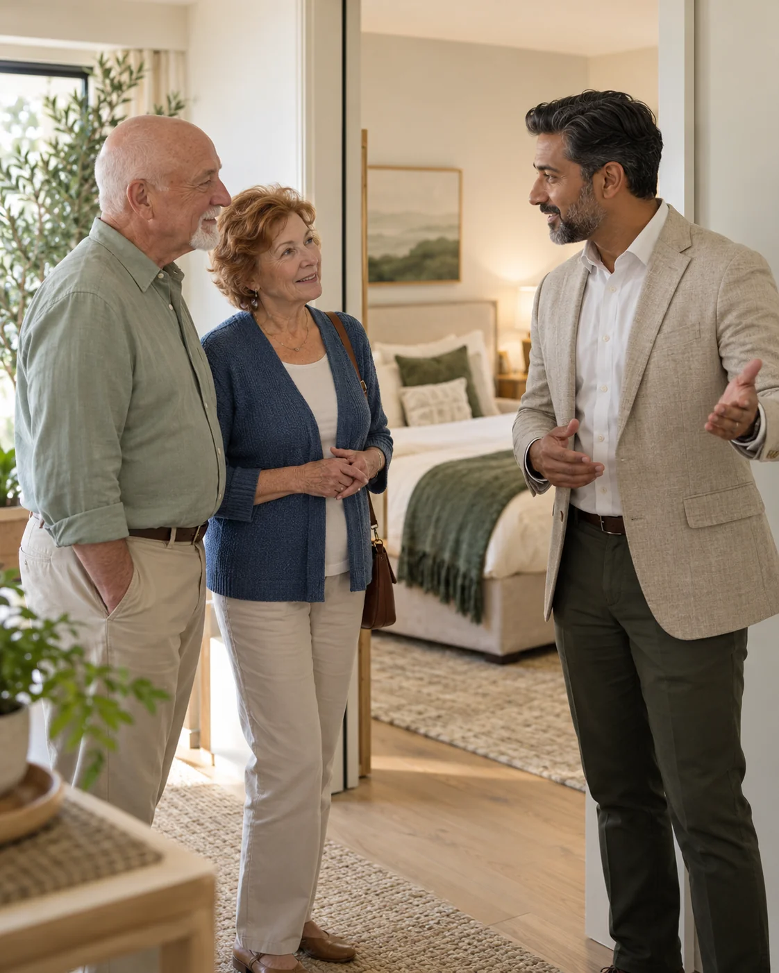 An older couple pauses beside a model apartment doorway while their community host answers a question