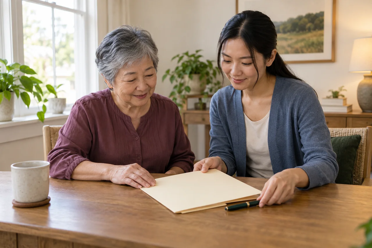 An older woman smiles gently as her daughter helps organize a plain folder and a pen on a small oak desk
