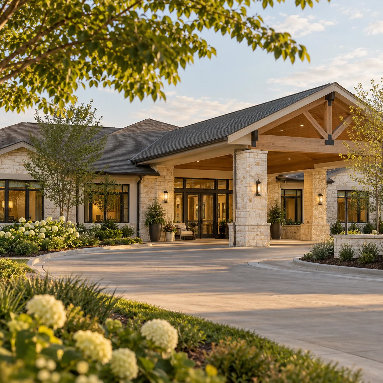 A one-story senior living community with pale stone walls, pitched roof and a generous covered entrance, quiet landscaped grounds