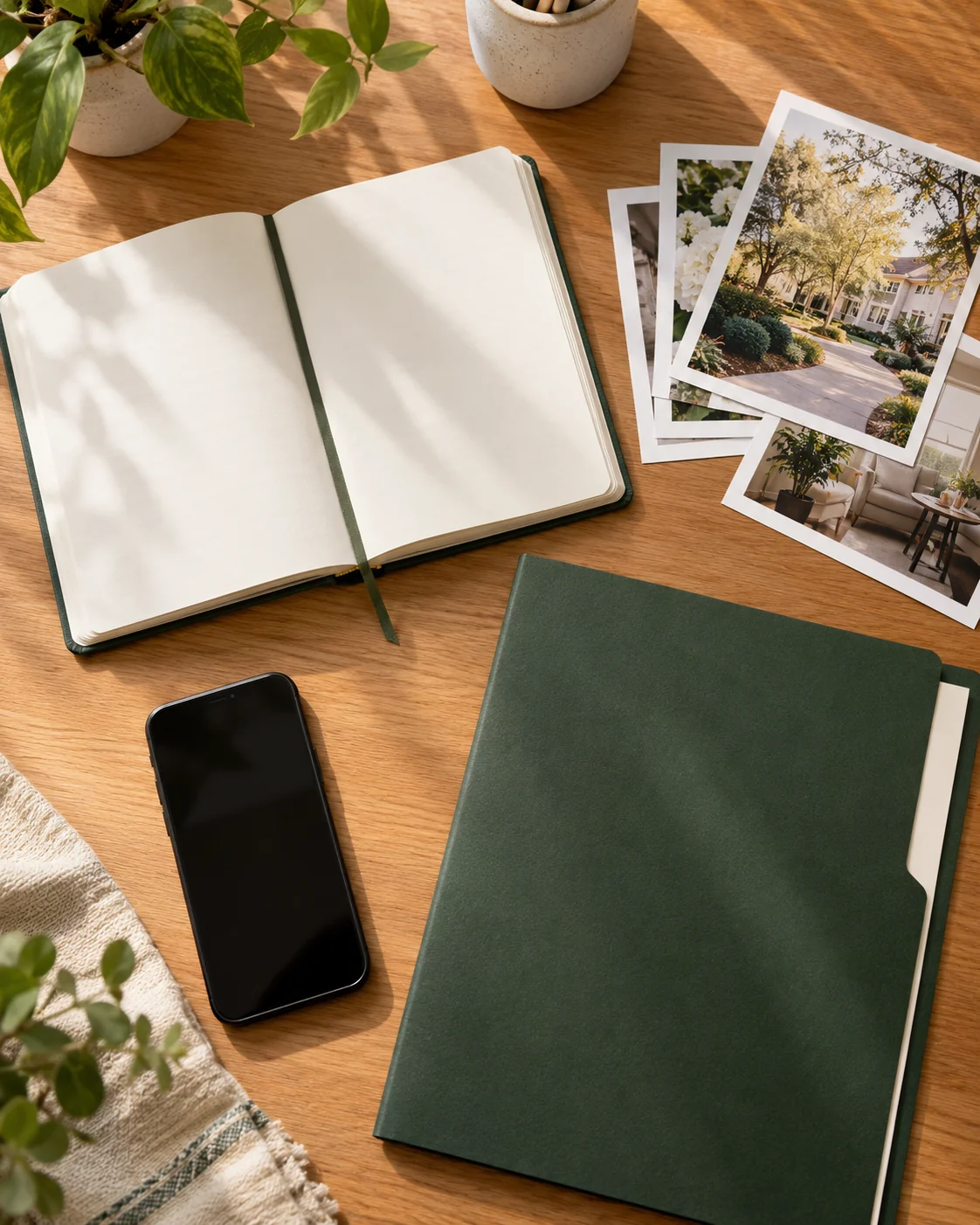 Top view of an open blank planner, a forest-green folder, a phone and printed community photographs on an oak desk