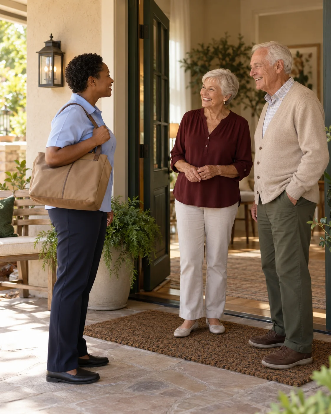 A caregiver arrives for a home visit as an older couple welcomes her from a covered front porch