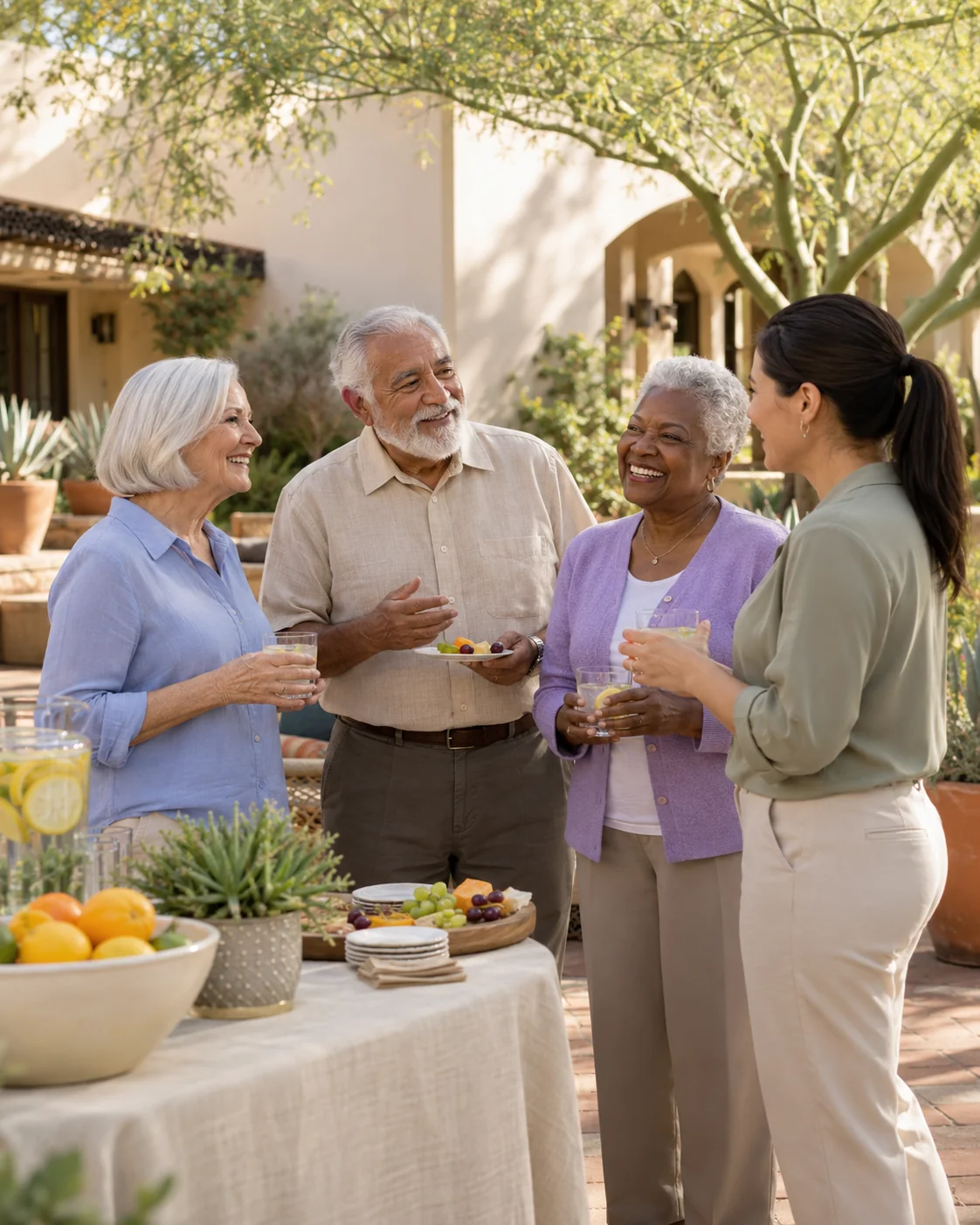 A community garden social gathering with a few older adults, staff and relaxed natural expressions