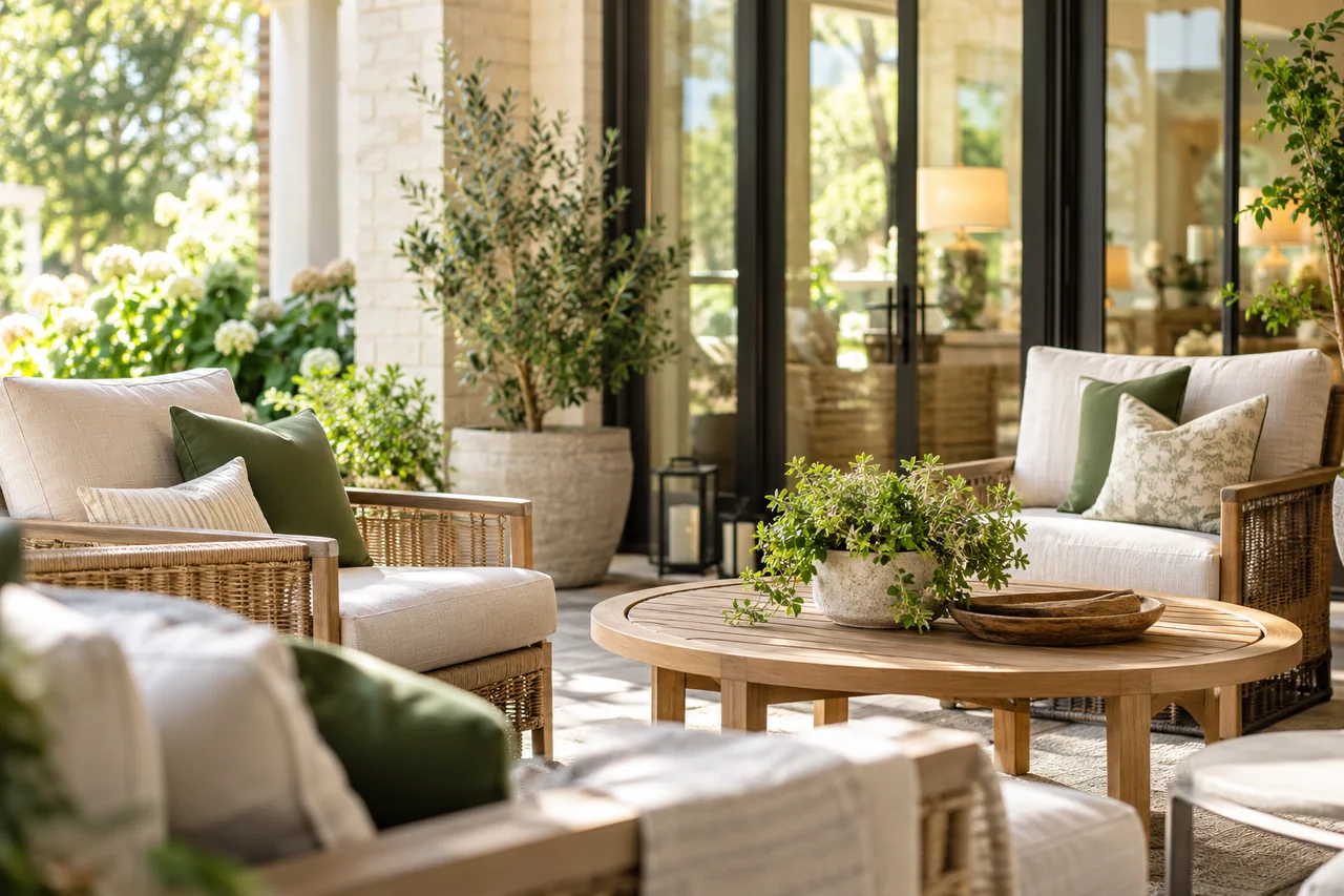 A bright senior living veranda with pale brick, broad glass doors and comfortable outdoor seating