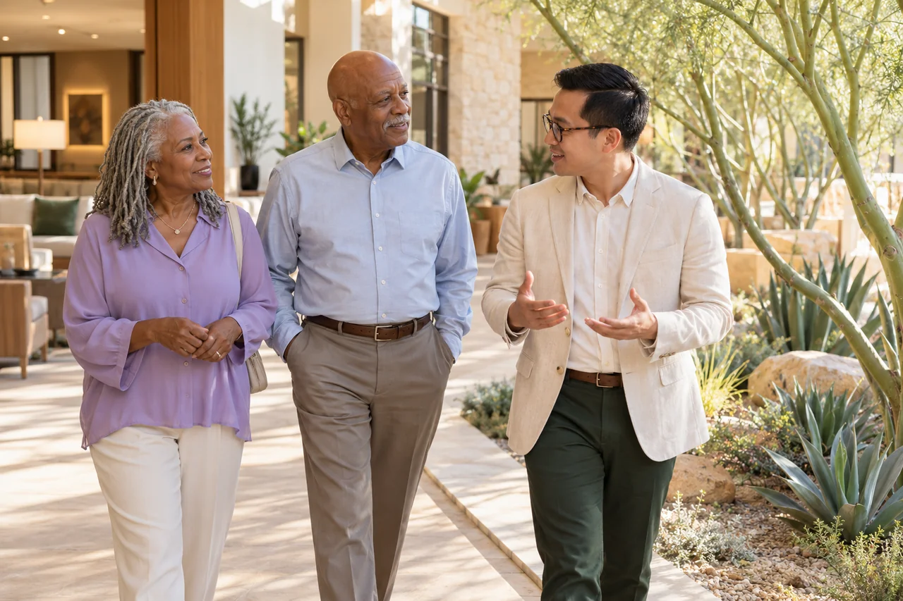 An older couple walks with a community host beside an indoor garden, all three engaged in a natural conversation