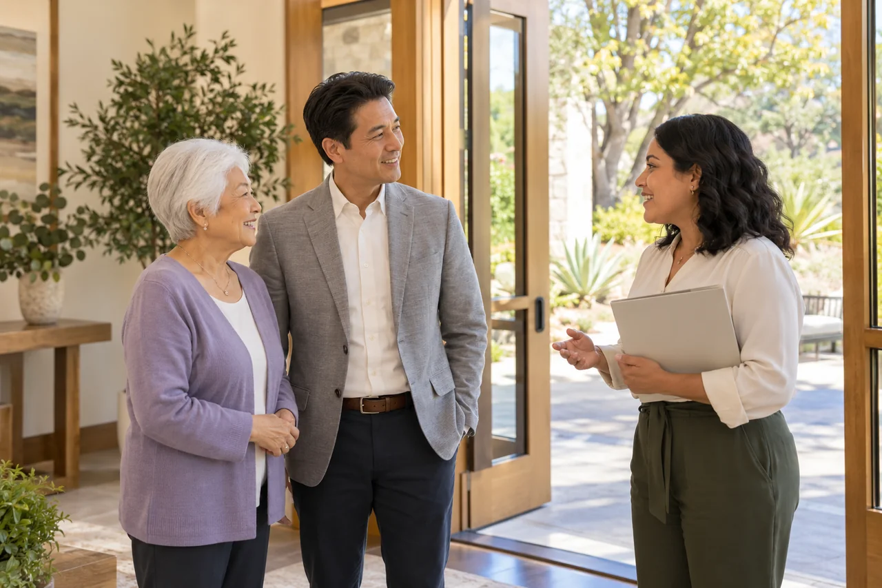 An older woman and her adult son meet a staff member at a bright community entrance, relaxed conversation with a plain welcome folder