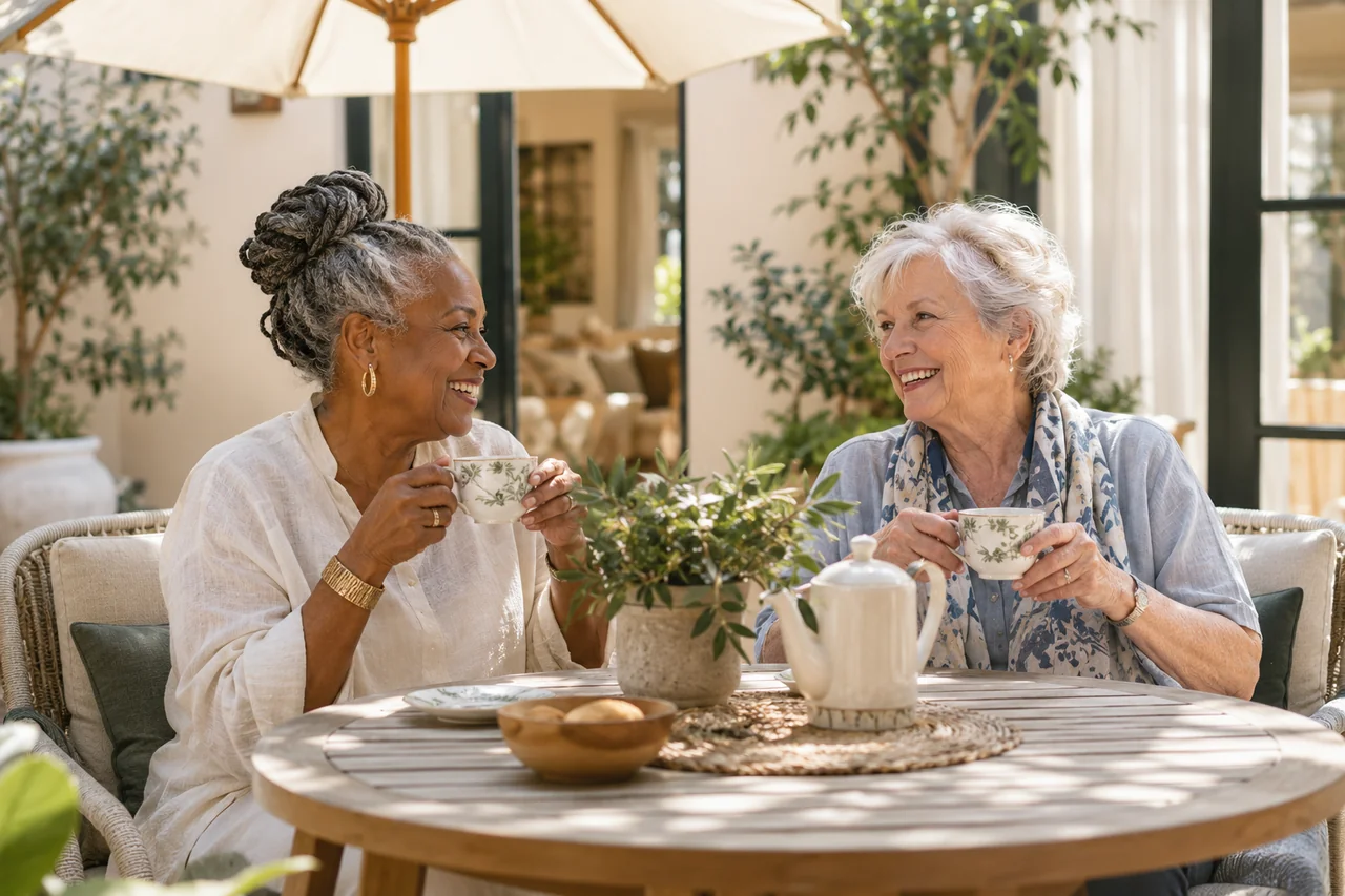Two older women share tea at a small courtyard table beneath a cream patio umbrella
