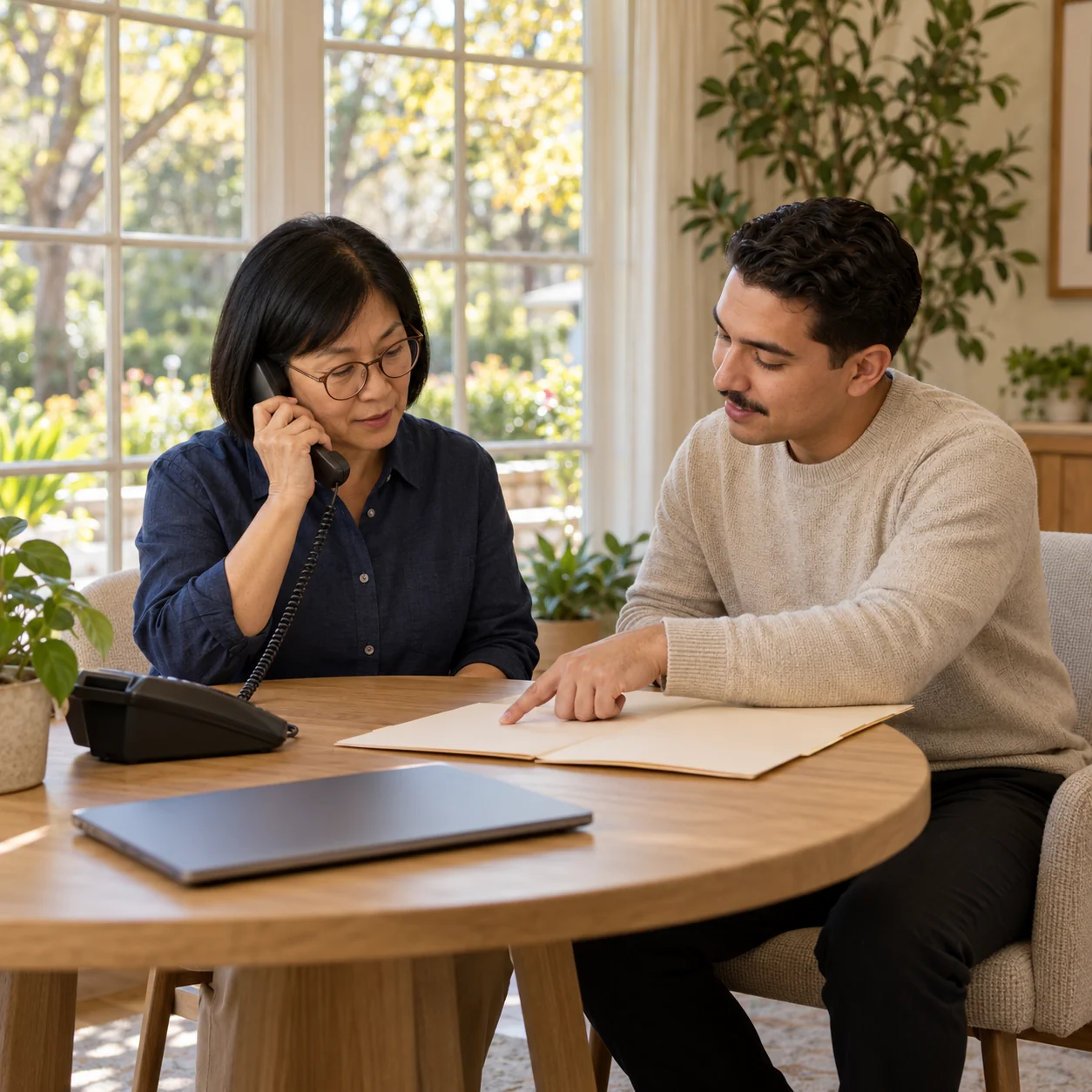 Two community staff members practice a family phone handoff at a round table, one listening while the other points to a plain folder