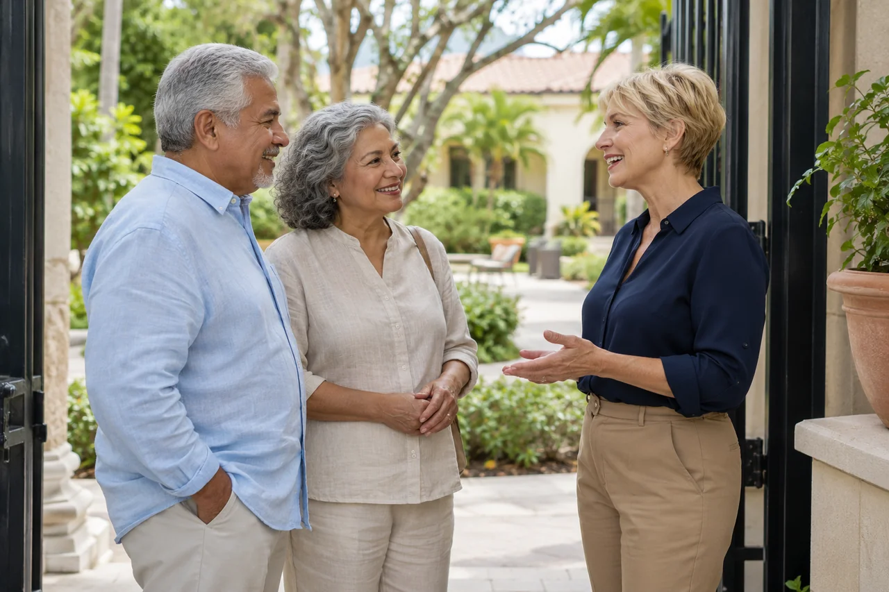 An older man and his spouse meet a community host at a shaded courtyard gate with landscaped grounds visible