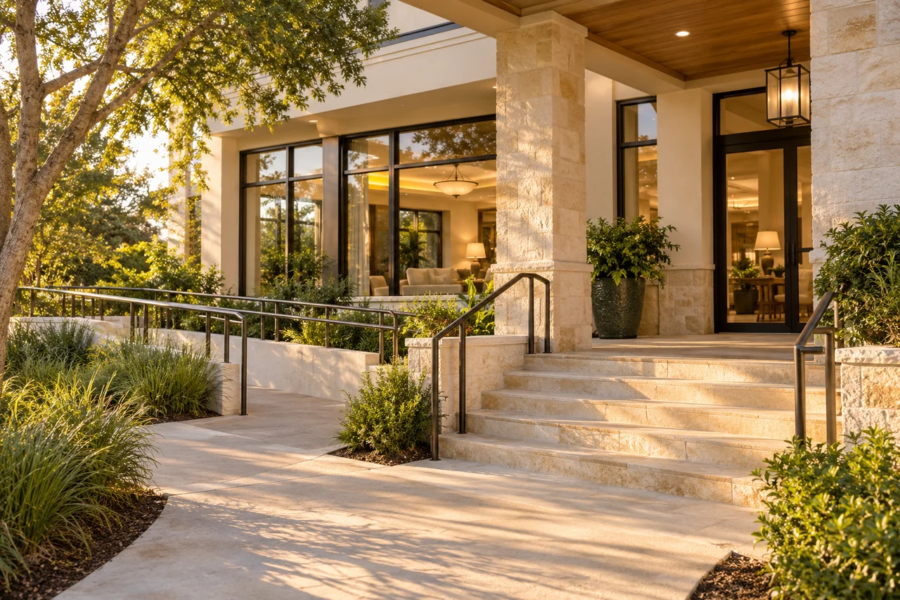 A warm welcoming community facade with large windows, limestone steps beside an accessible path and ornamental grasses