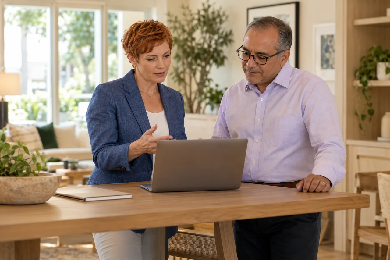 A female operations lead and a male admissions colleague review next steps at a standing-height work table with a laptop turned away