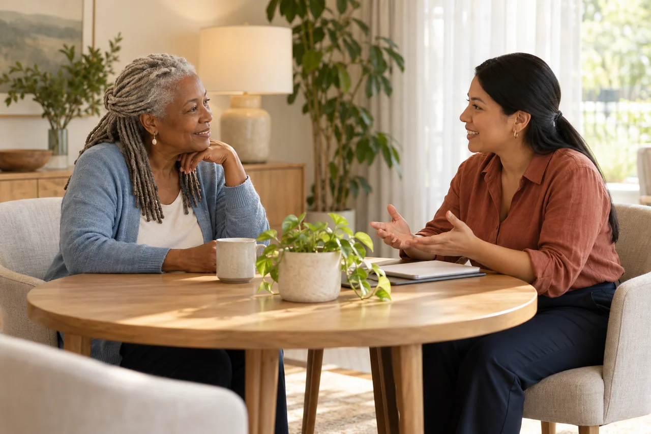 An older woman and a younger female community host sit across a small table discussing the next visit, open welcoming body language