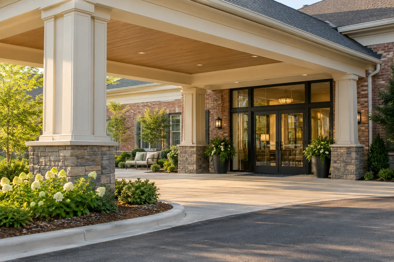 A welcoming senior living entrance with warm brick, a broad sheltered drop-off, planters and a clear accessible walkway