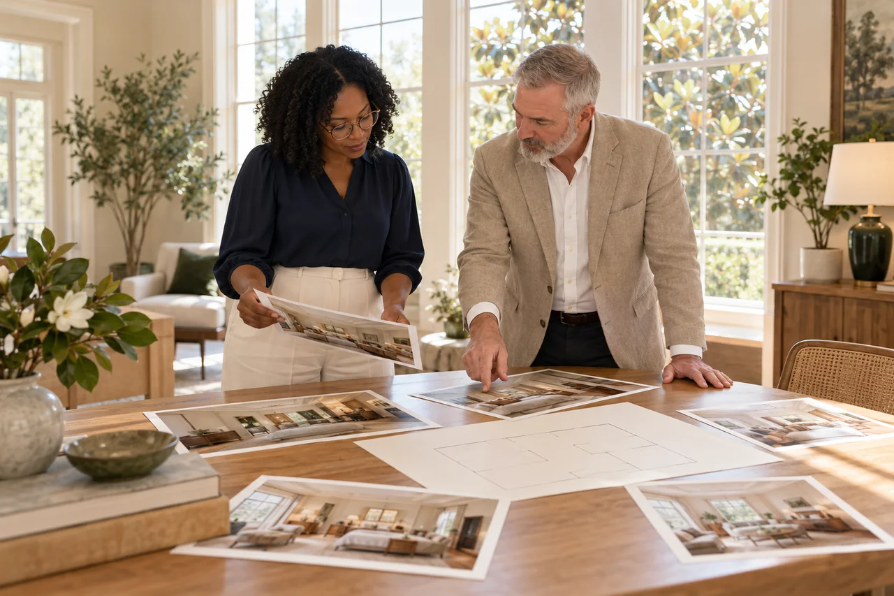 Two community managers compare printed room photographs and an unmarked site plan on a meeting table