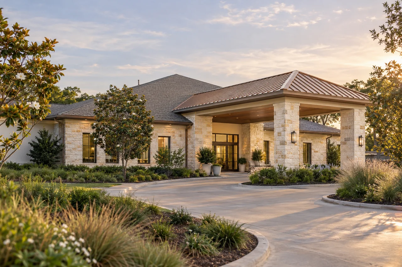 A one-story senior living community with pale stone walls, pitched roof and a generous covered entrance, quiet landscaped grounds