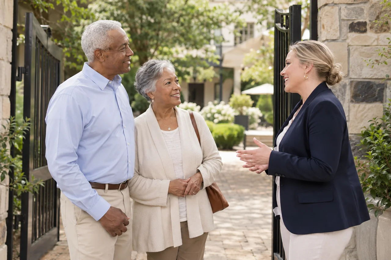 An older man and his spouse meet a community host at a shaded courtyard gate with landscaped grounds visible