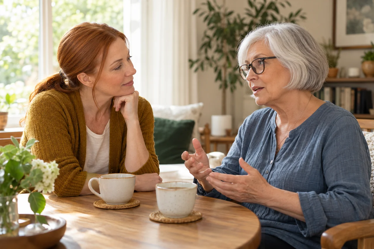 An adult daughter listens closely to her older mother beside a sunlit window, two cups of tea on a small table
