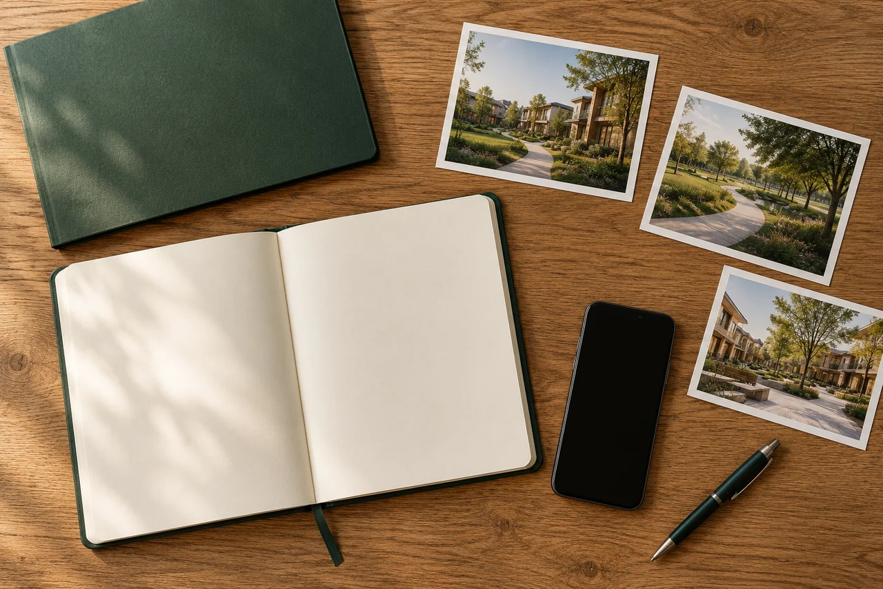 Top view of an open blank planner, a forest-green folder, a phone and printed community photographs on an oak desk