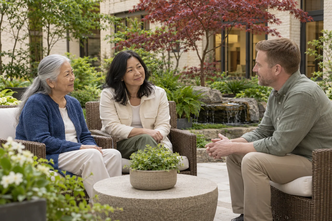An older woman and her daughter sit with a staff member beside a peaceful courtyard garden