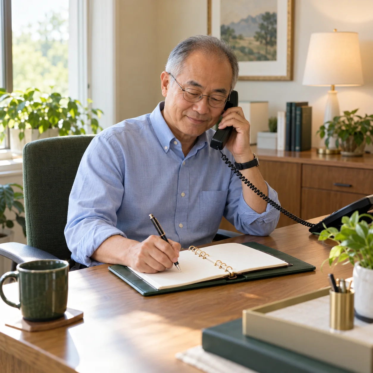An admissions coordinator listens on a desk phone while noting a next call in a closed-ring planner, bright corner office with a small oak desk