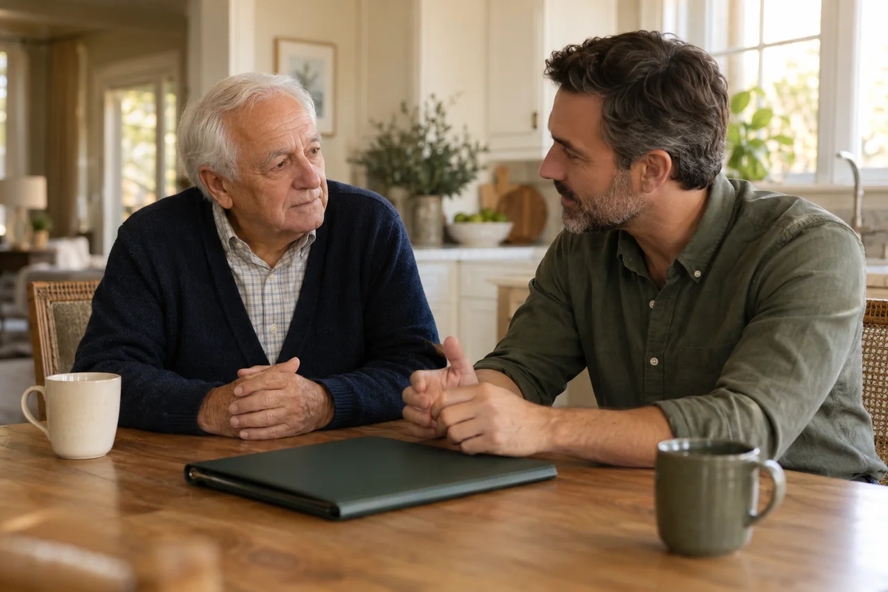 An older man and his adult son talk at a kitchen table with a closed folder between them, calm thoughtful expressions