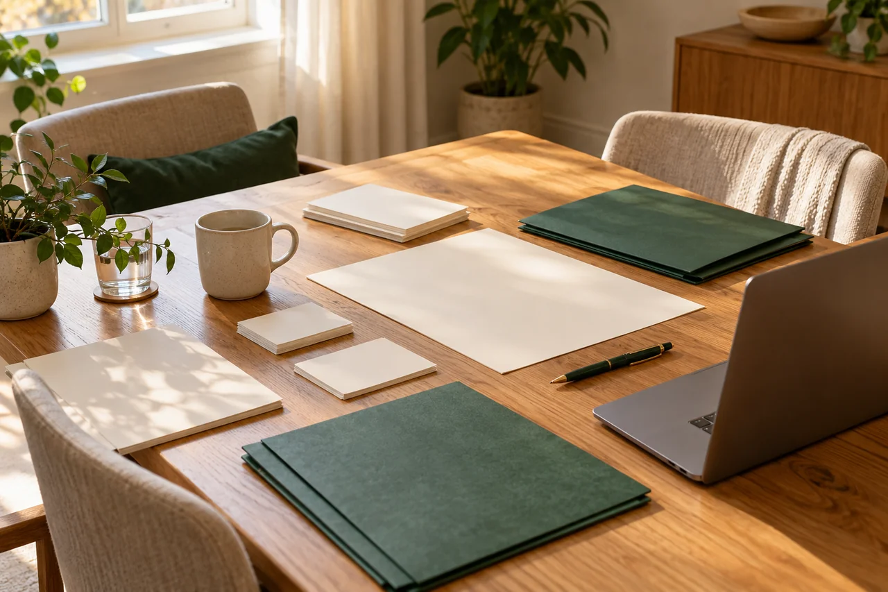 An overhead view of a staff planning table with blank index cards, cream paper, green folders and a laptop edge