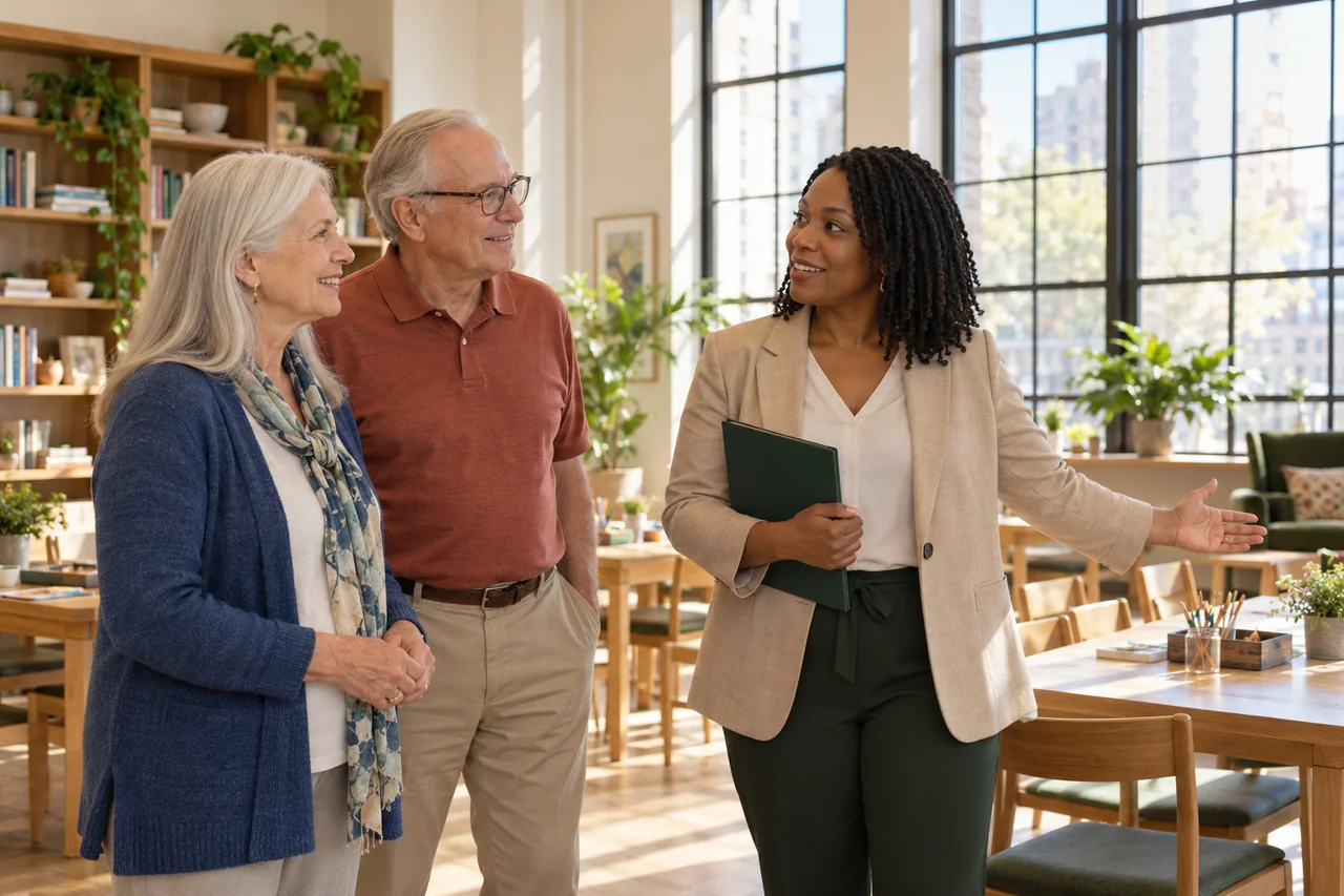 A staff member explains a community activity space to an older couple with a small plain tour folder